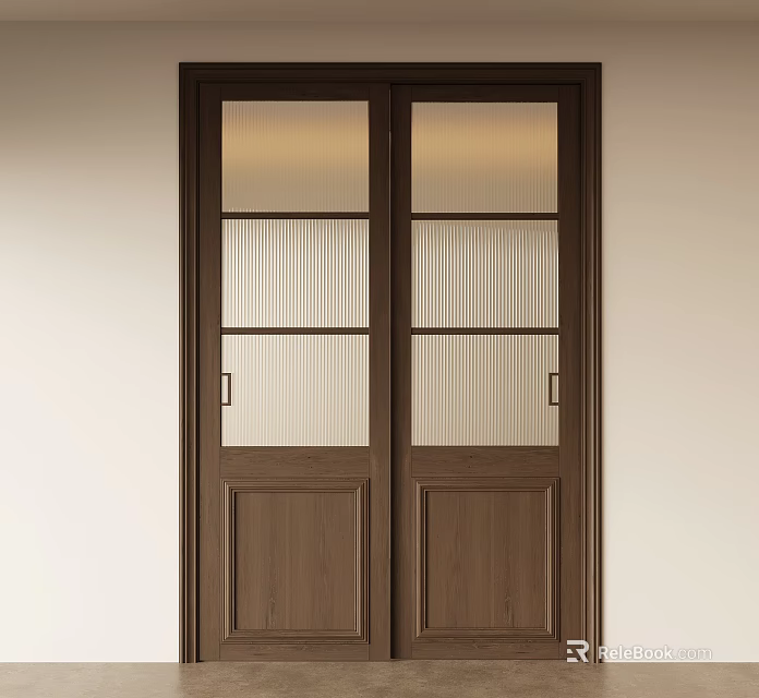 Modern Double Sliding Doors with Wooden Frame and Vertical Ribbed Glass in Interior Design 3d model 