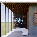 Modern Hotel Lobby Interior With Wooden Ceiling Large Glass Windows And Curved Sofa
