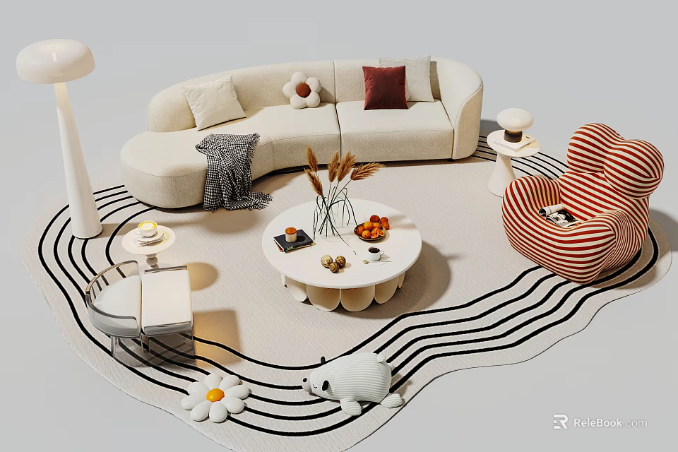 Modern Curved Sofa Coffee Table Set With Pillows Decorations Striped Armchair And Wavy Rug 3d model 