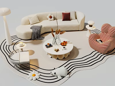 Modern Curved Sofa Coffee Table Set With Pillows Decorations Striped Armchair And Wavy Rug 3d model
