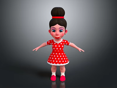 Cartoon Girl In Red Polka Dot Dress With Bun Hairstyle Red Shoes Against Gray Background 3d model