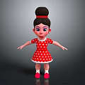 Cartoon Girl In Red Polka Dot Dress With Bun Hairstyle Red Shoes Against Gray Background