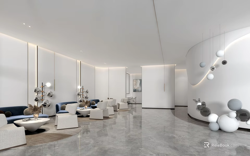 Elegant Modern Sales Office Interior With Stylish Sofas Decorative Lights And Marble Floor 3d model 