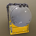 Gray Industrial Storage Tank With Black Pipes On Yellow Frame And Red Control Cabinet