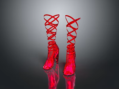 Fashionable Red High Heel Boots With Lace Up Design And Shiny Reflective Surface 3d model