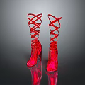 Fashionable Red High Heel Boots With Lace Up Design And Shiny Reflective Surface