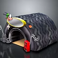 Tire Shaped Living Playhouse With Green Hatted Cartoon Figure Stacked Tires Checkered Flags Red Cabinet