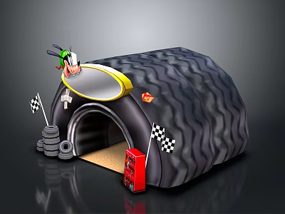 Tire Shaped Living Playhouse With Green Hatted Cartoon Figure Stacked Tires Checkered Flags Red Cabinet 3d model