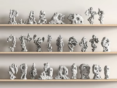 Unique Stone Figurines Neatly Arranged On Wooden Shelves For Home 3d model