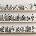 Unique Stone Figurines Neatly Arranged On Wooden Shelves For Home