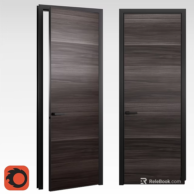 Modern Dark Brown Wooden Hinged Door With Black Frame And Natural Wood Grain 3d model 