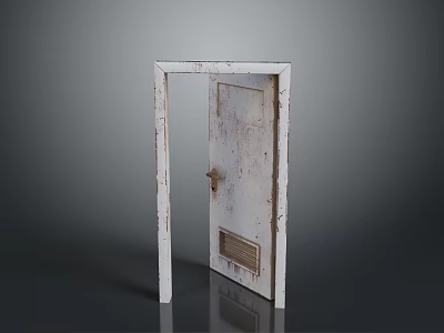 Rustic White Wooden Door With Distressed Frame Small Glass Panel And Metal Handle 3d model