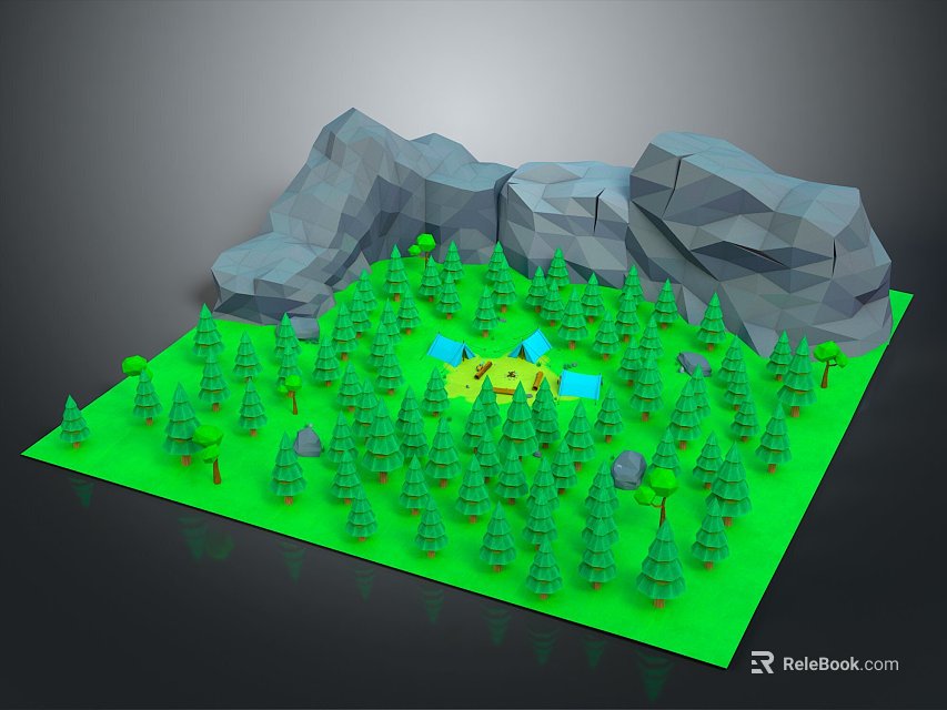 Low Poly Style Scenic Landscape with Green Forest Gray Rocky Mountains and Small Blue Lake 3d model 