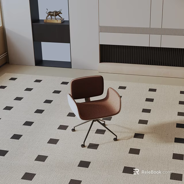Modern Accent Chair With Brown White Upholstered Design And Metal Legs On Geometric Patterned Rug 3d model 