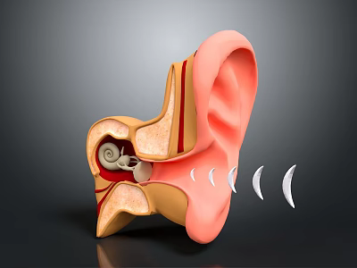 Human Ear Anatomy Showing External Middle And Inner Structures With Sound Waves 3d model