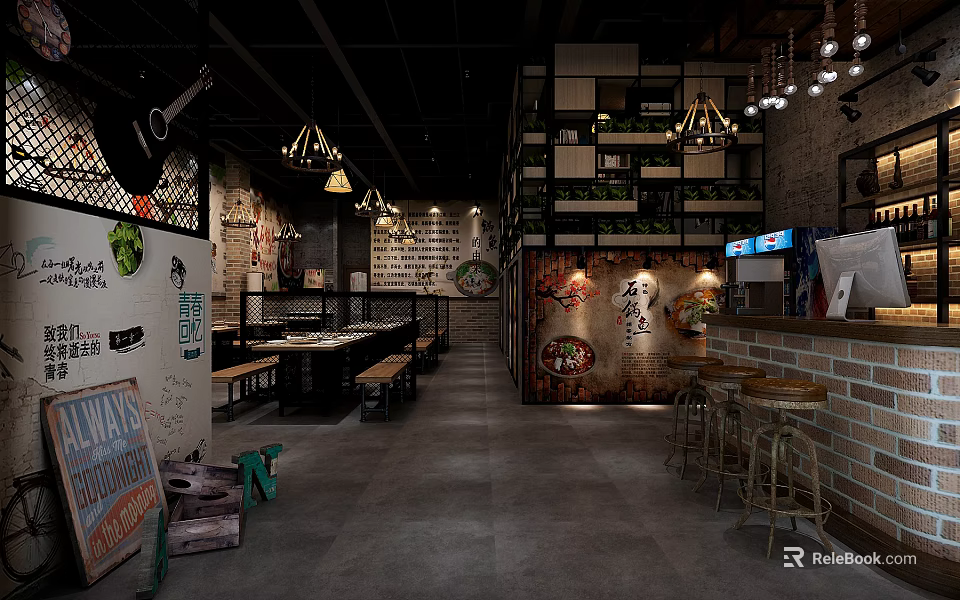 Industrial Style Restaurant Interior With Brick Walls Hanging Lights And Wooden Tables 3d model 