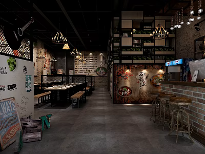 Industrial Style Restaurant Interior With Brick Walls Hanging Lights And Wooden Tables 3d model