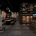 Industrial Style Restaurant Interior With Brick Walls Hanging Lights And Wooden Tables