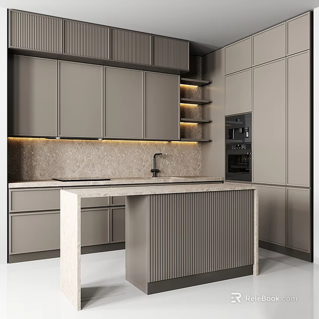 Modern Gray Kitchen Cabinets With Island Counter And LED Strip Lighting Design 3d model 