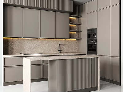 Modern Gray Kitchen Cabinets With Island Counter And LED Strip Lighting Design 3d model