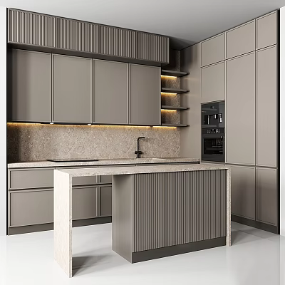 Modern Gray Kitchen Cabinets With Island Counter And LED Strip Lighting Design 3d model
