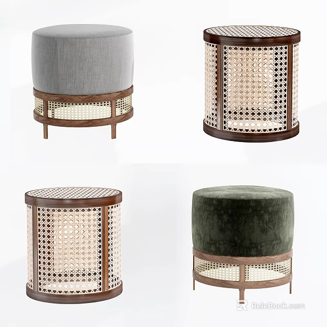 Stylish Round Rattan And Upholstered Stools With Wooden Frames And Soft Cushions 3d model 