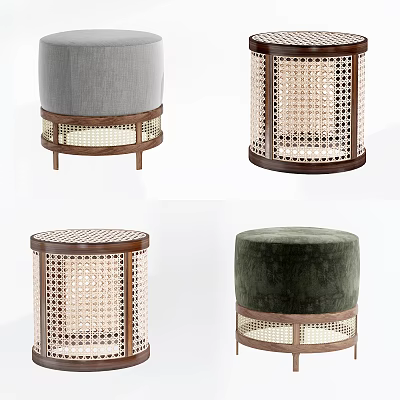 Stylish Round Rattan And Upholstered Stools With Wooden Frames And Soft Cushions 3d model