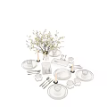 Elegant White Dinnerware Set with Mugs Plates Trays Vase And Flowers