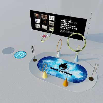 Smart Machine Display Featuring MakFire Logo Blue Illuminated Surface And Hoop Structures 3d model