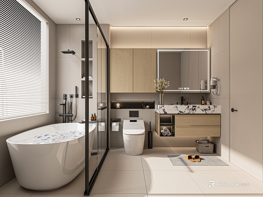 Modern Bathroom Interior With White Bathtub Glass Shower Toilet And Marble Vanity Mirror Wooden Cabinets 3d model 