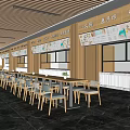 Spacious Restaurant Interior With Wooden Ceiling Long Dining Tables And Menu Boards 3d model
