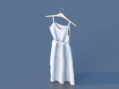 White Spaghetti Strap Dress With Bow At Waist And Layered Skirt On Wooden Hanger 3d model