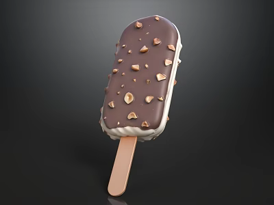 Delicious Chocolate Coated Ice Cream Bar With Nut Pieces On Wooden Stick 3d model