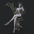 Fantasy Woman Sitting With Ornate Crown And Decorative Harp In Dark Background