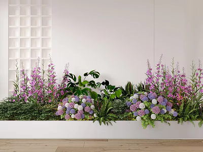 Indoor Flower Arrangement With Purple Blooms White Hydrangeas Green Foliage And Wooden Floor 3d model