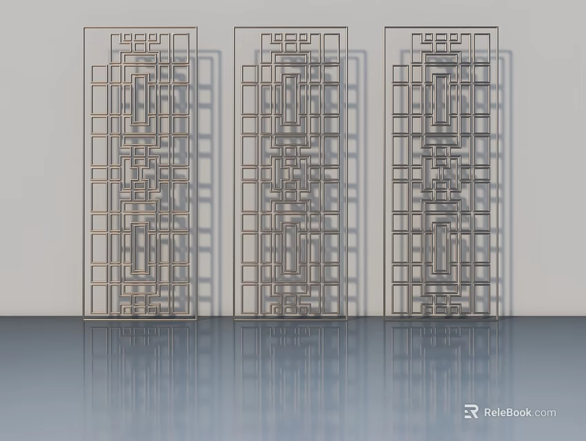 Three Modern Metal Hinged Doors With Geometric Grid Pattern Design 3d model