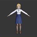 Blonde Haired 3D Character Model Wearing White Blouse Blue Bow Blue Skirt And Brown Shoes