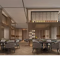 Elegant Modern Banquet Hall Interior With Dining Tables Chairs Decorative Shelves And Plants