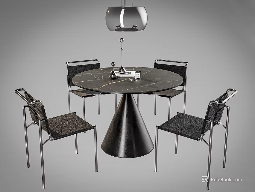Modern Round Dining Table With Conical Base Four Chairs And Pendant Light 3d model