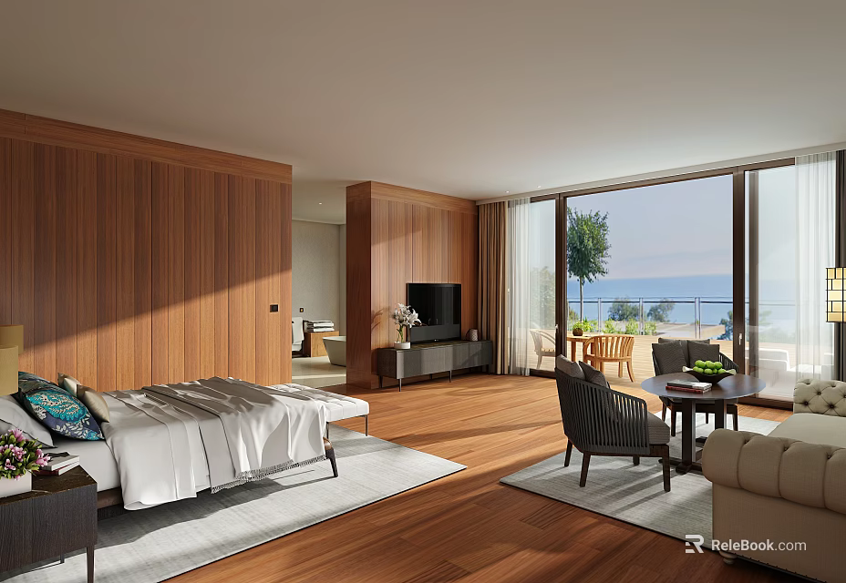 Hotel Guest Room With Wooden Walls Large Bed Floor To Ceiling Windows And Sea View 3d model 