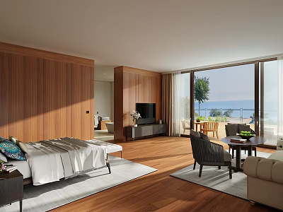 Hotel Guest Room With Wooden Walls Large Bed Floor To Ceiling Windows And Sea View 3d model