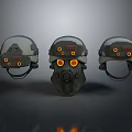 Tactical Weapon Helmets with Transparent Visors Red Yellow Indicators and Gray Green Military Design