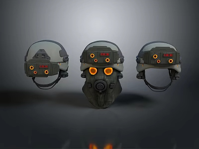Tactical Weapon Helmets with Transparent Visors Red Yellow Indicators and Gray Green Military Design 3d model