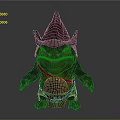 3D Fantasy Animal Character With Big Eyes Wearing Brown Spiked Hat And Armored Body