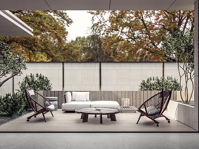 Outdoor Garden Landscape With Wooden Deck White Sofa Wooden Chairs Round Coffee Table And Greenery 3d model