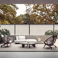 Outdoor Garden Landscape With Wooden Deck White Sofa Wooden Chairs Round Coffee Table And Greenery