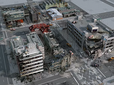 Aerial View of Urban Area With Collapsed Building Structures and Debris 3d model