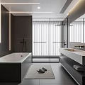 Modern Black And White Bathroom Interior With Bathtub Double Sink Large Mirror And Glass Shower