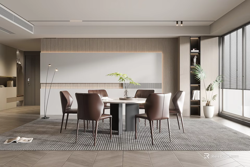 Modern Restaurant Interior With Round Table Brown Chairs Green Plant And Wooden Wall 3d model 