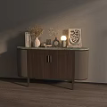 Modern Sleek Wooden Sideboard With Marble Top Decorative Vases Dried Flowers And Artwork